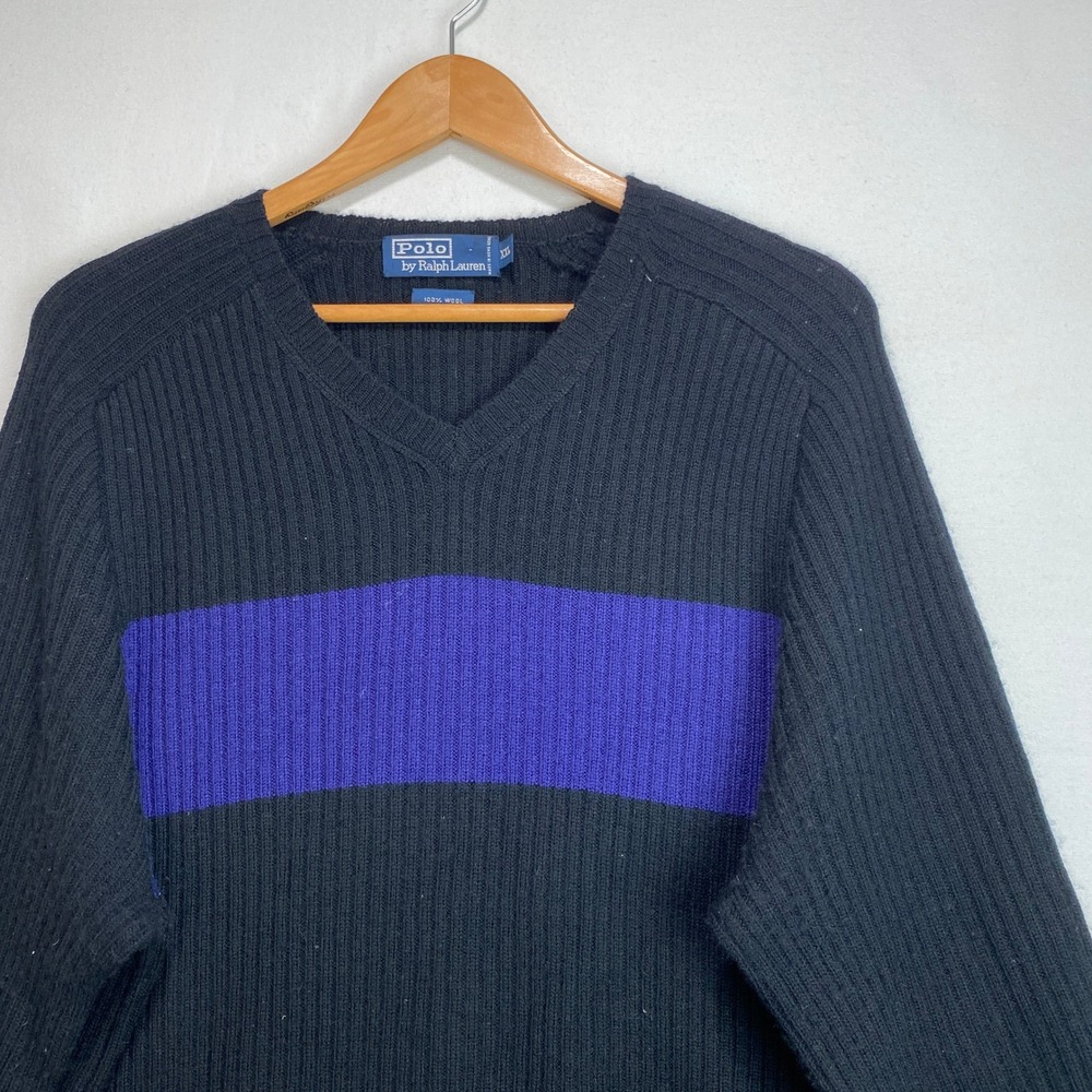 VTG Polo Ralph Lauren Mens XXL Wool Ribbed V-Neck Sweater Black Purple Stripe